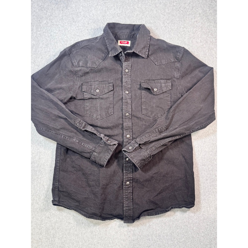 Wrangler Mens Western Snap Denim Shirt Faded Black Pearl Snap Long Sleeve Large